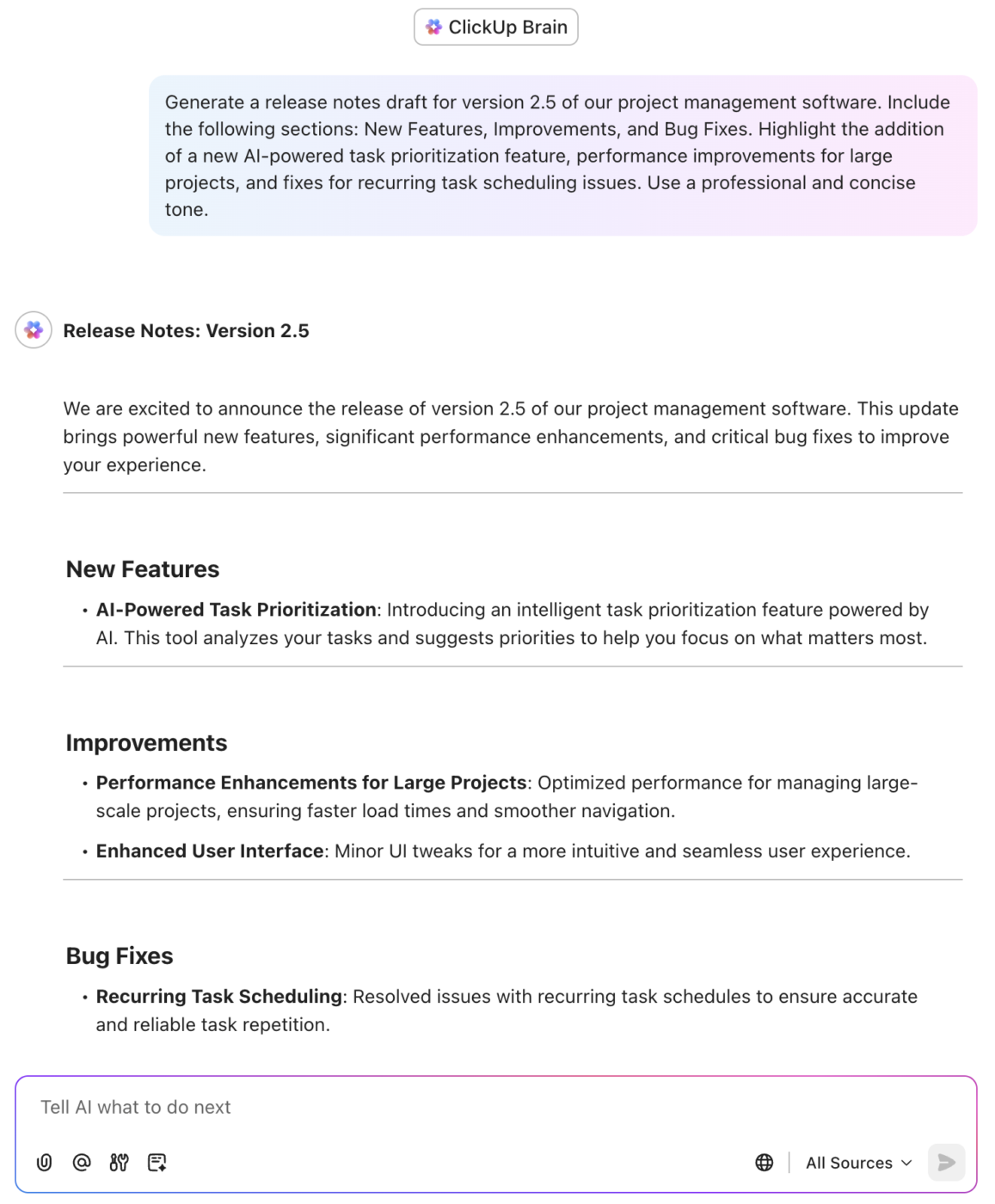 ClickUp Brain release notes prompt